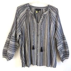 Lane Bryant Linen Blend Gray Striped Boho Tassle Tie Women's Size 24 Top Blouse